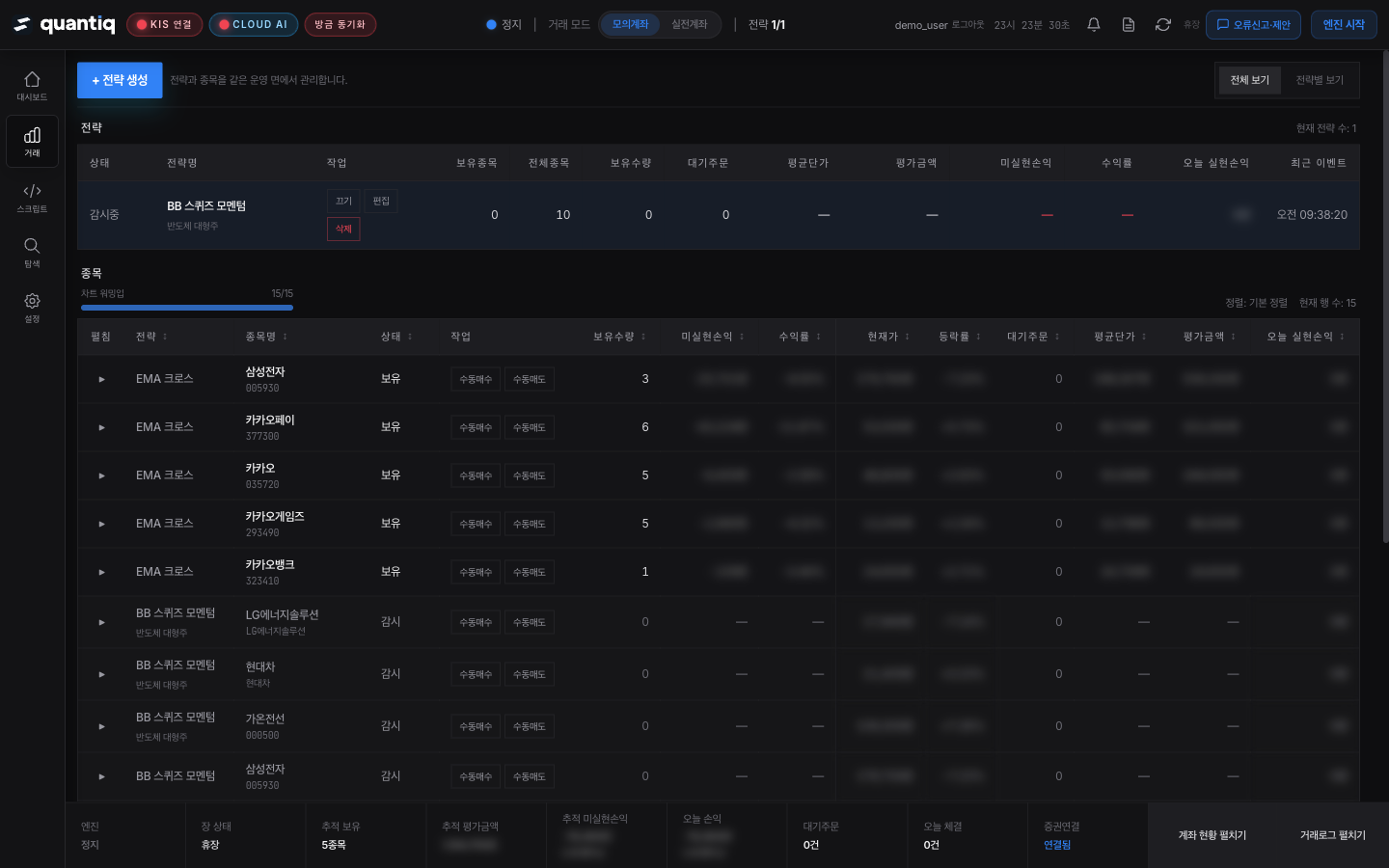 전략 운영 화면과 종목 모니터링